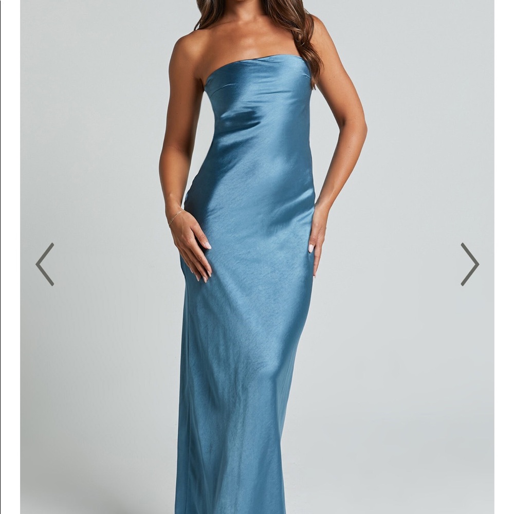 Showpo | CHARLITA MAXI DRESS - STRAPLESS COWL BACK SATIN DRESS STEEL BLUE | XS